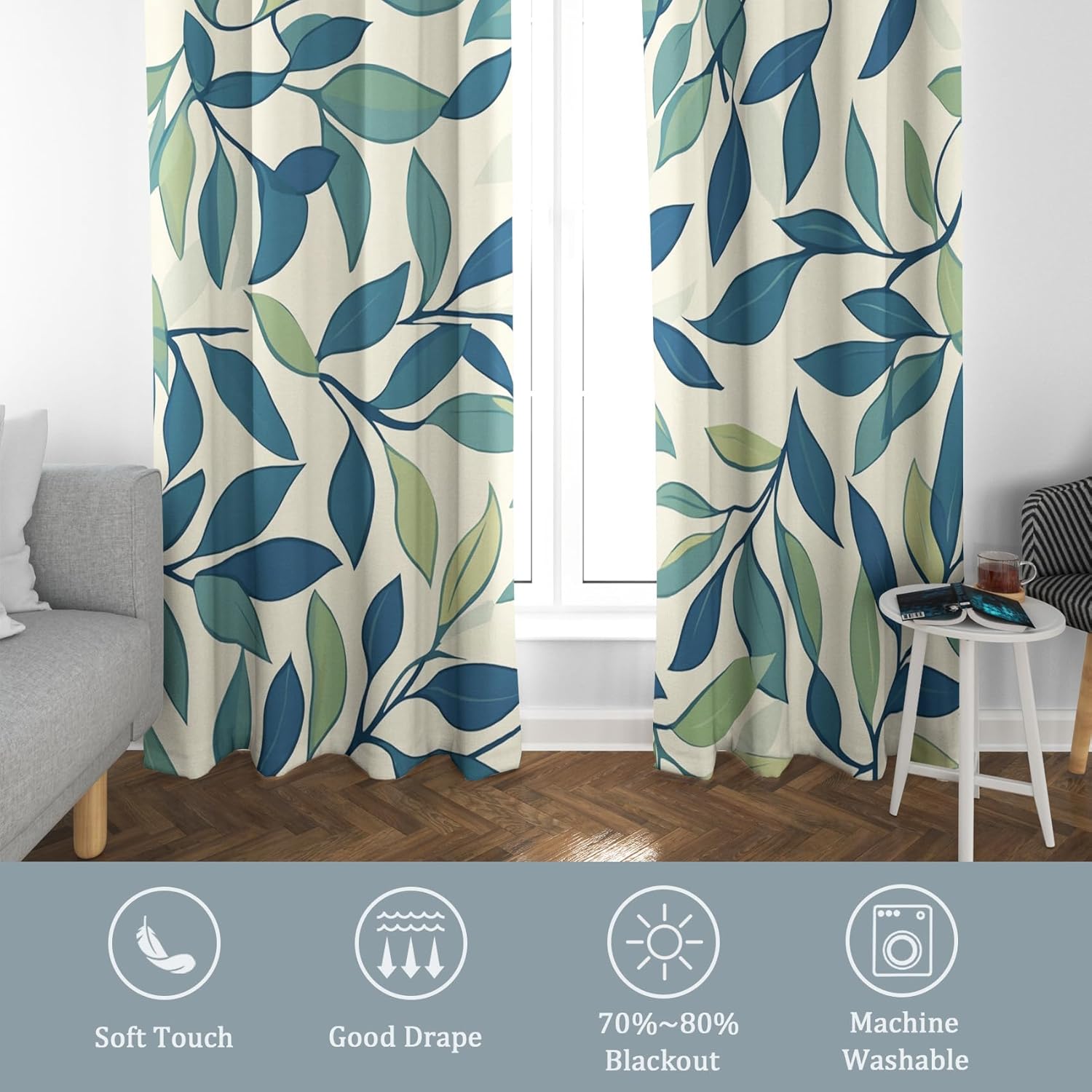 Leaf Curtains Short - Green Leaf Curtain for Bedroom Living Room, Blue Leaves Window Curtains, Botanical Home Decor Drapes 2 Panel Sets, Grommet Black Out Curtain 108 Inches Long