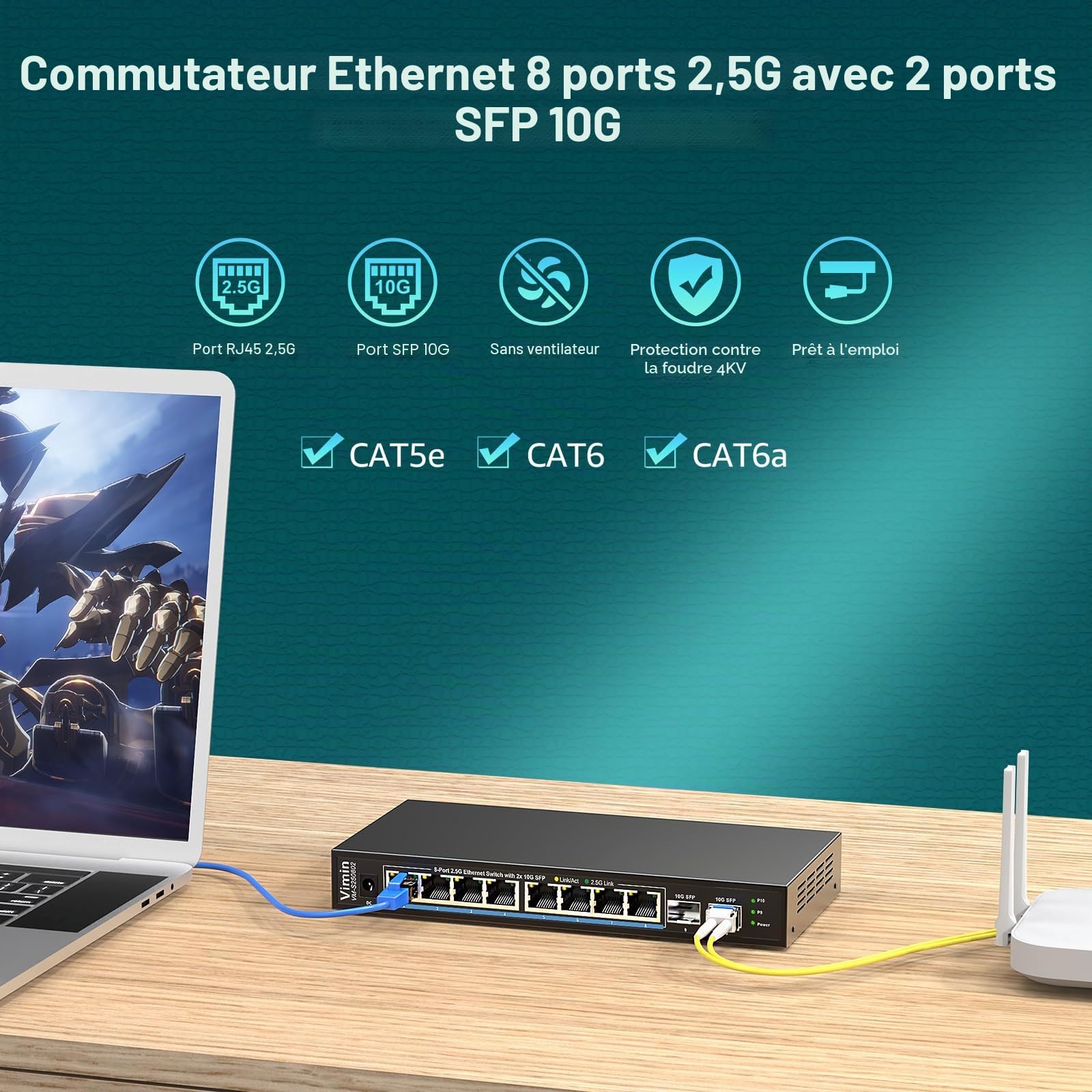 Switch Réseau Non Géré 10 Ports 2,5G, 8 Ports Ethernet 2,5Gbase-T, 2 Ports 10G SFP+, Capacité de Commutation de 80Gbps, Boîtier Métallique, Fonctionne pour NAS 2,5Gbps, Point d'Accès sans Fil et PC
