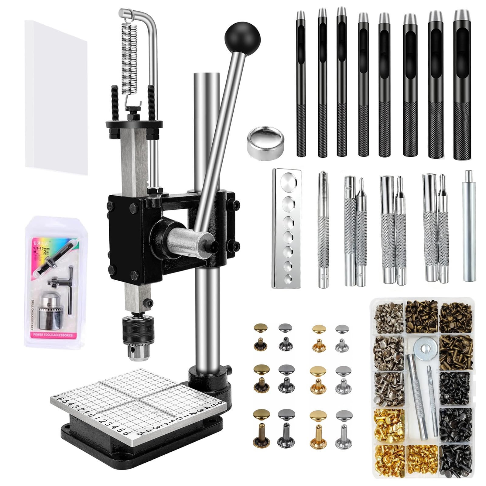 Leder Locher Werkzeug, Lochmaschine Lochstanze Handlochstanzmaschine mit 21 Stanzwerkzeugen, einschließlich Nietensetzer, Druckknopf-Set-Werkzeug und 480 Nieten für DIY-Lederarbeiten