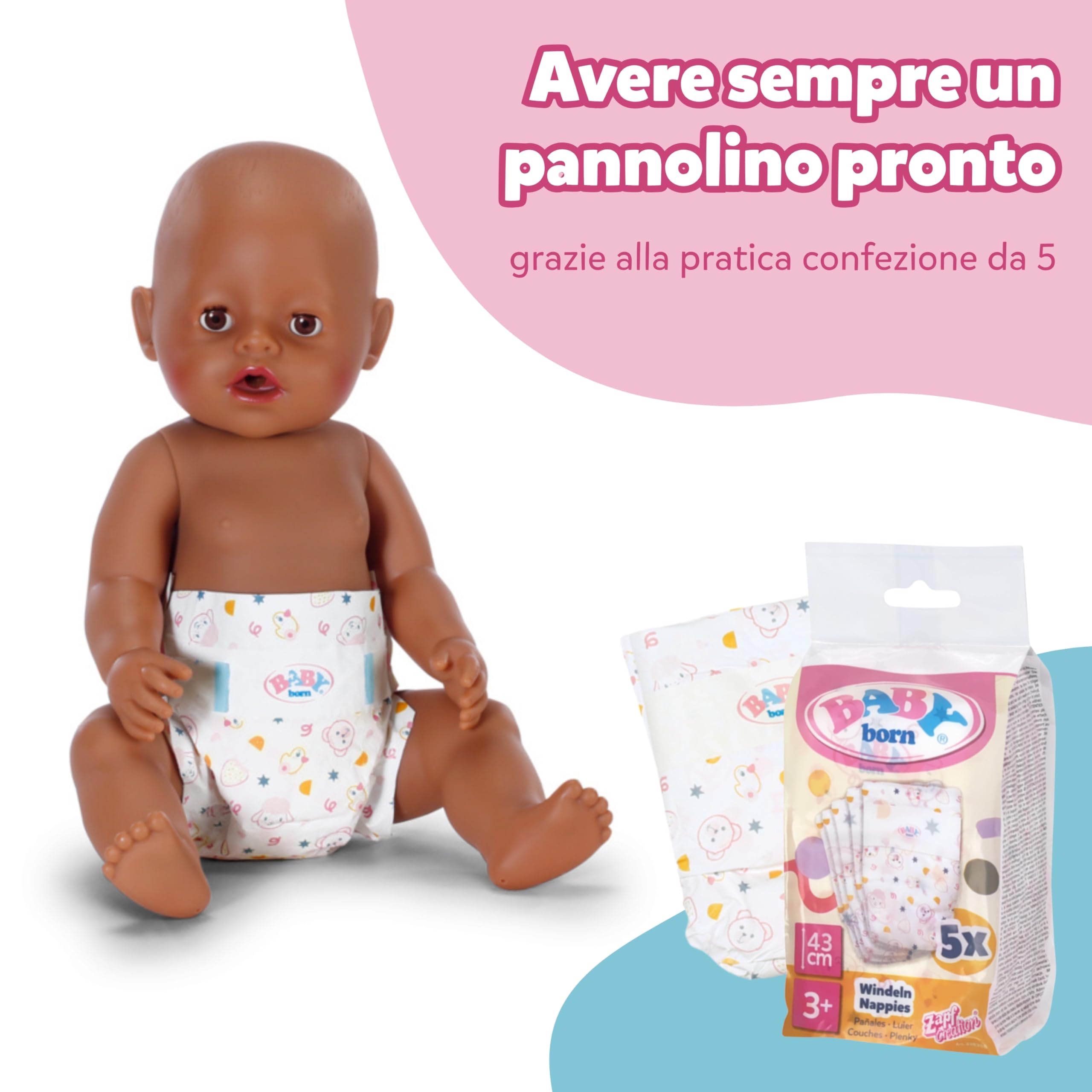 BABY born 5 pannolini per bambole - Con simpatica stampa e strisce adesive - Accessori per bambole di alta qualità - Accessori adatti a bambole da 43 cm