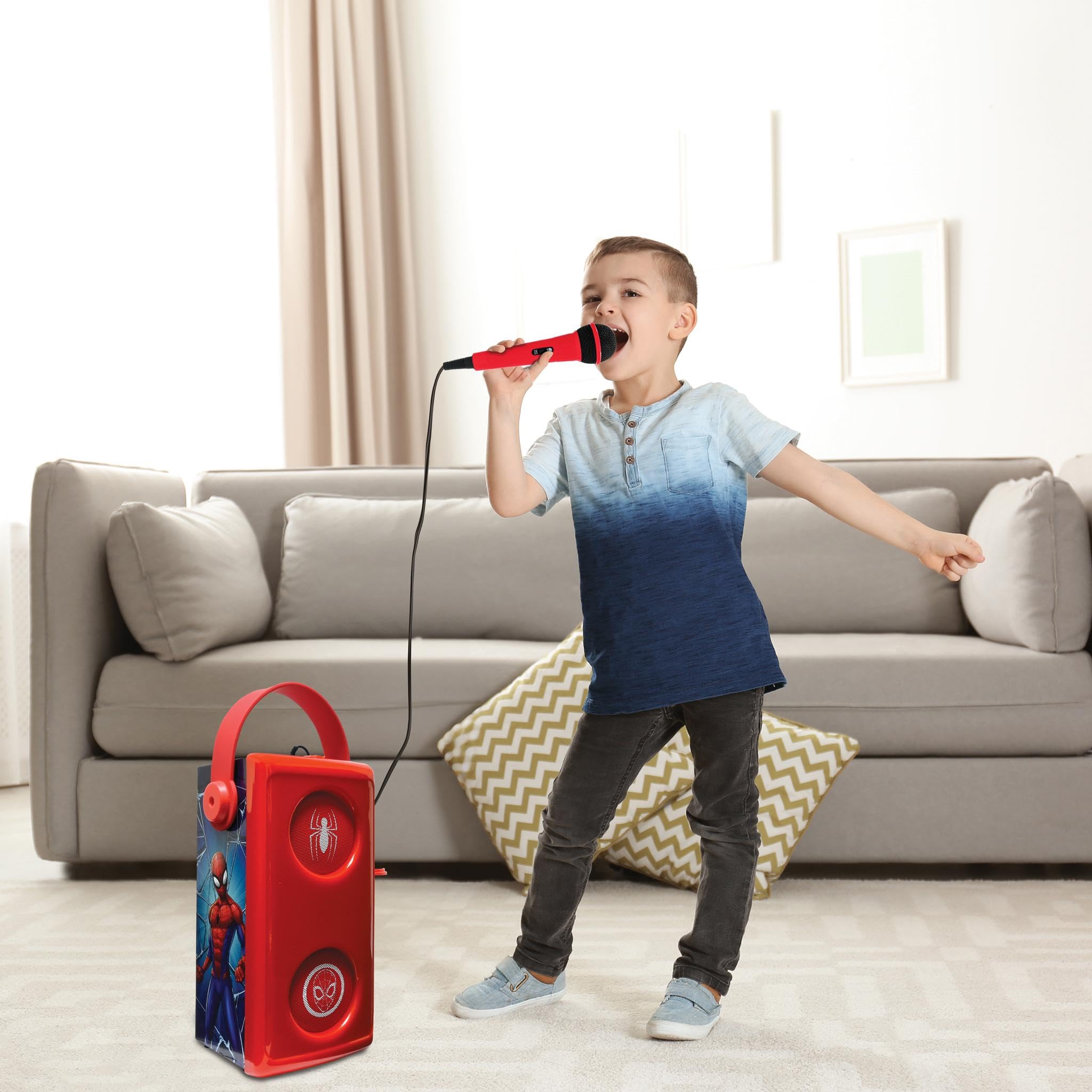LEXIBOOK, Spider-Man, Altavoz Bluetooth con Mic Rojo, BTP185SPZLXB | Efectos de luz, ranura para tarjeta SD/TF, batería recargable