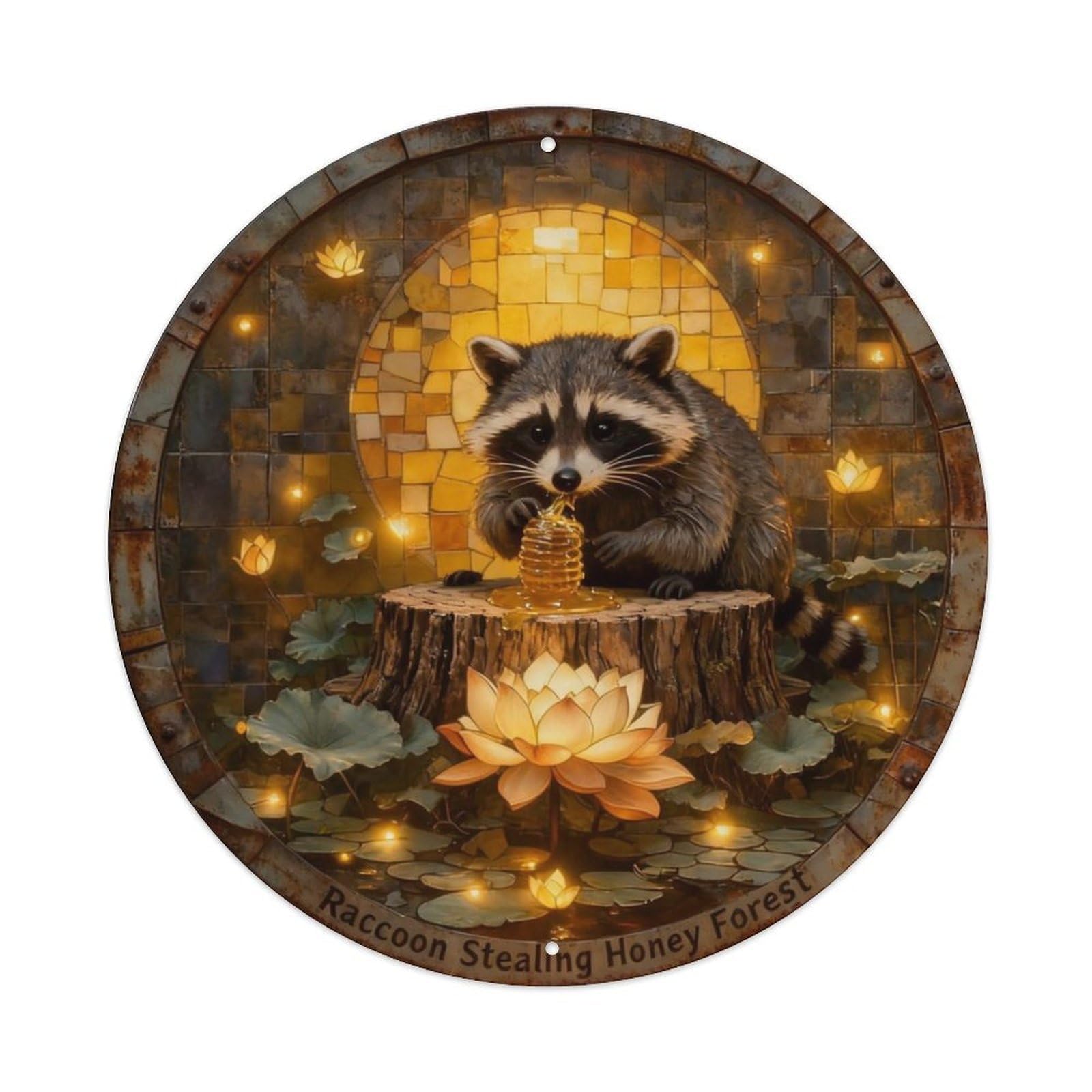 Raccoon Stealing Honey Forest Metal Tin Sign Plaque