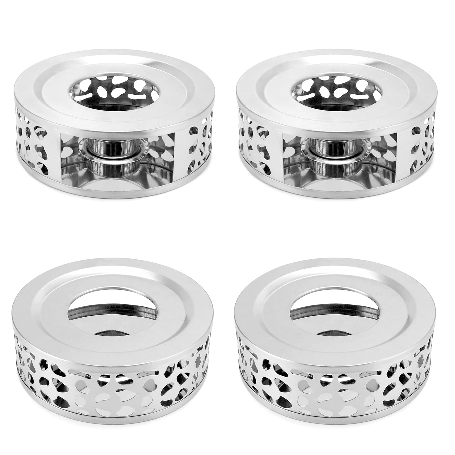qwork tea kettle warmer 4 pack brushed stainless steel kettle hollow frame with tea candle holder fits most teapots silver
