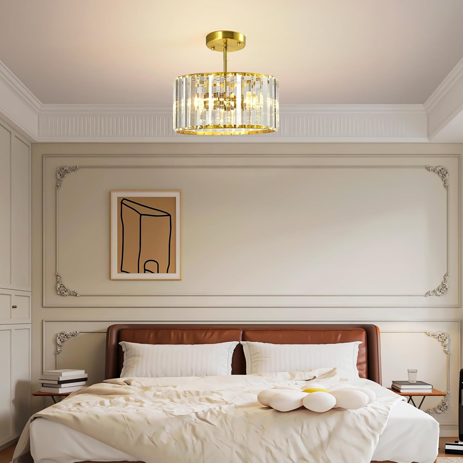 Gold Crystal Ceiling Light, Modern Semi Flush Mount Ceiling Lighting Fixture, Round Hallway Lighting Fixtures Chandelier Pendent Light for Foyer Kitchen Entryway Bedroom Dining Room, 3-Light,11.8Inch