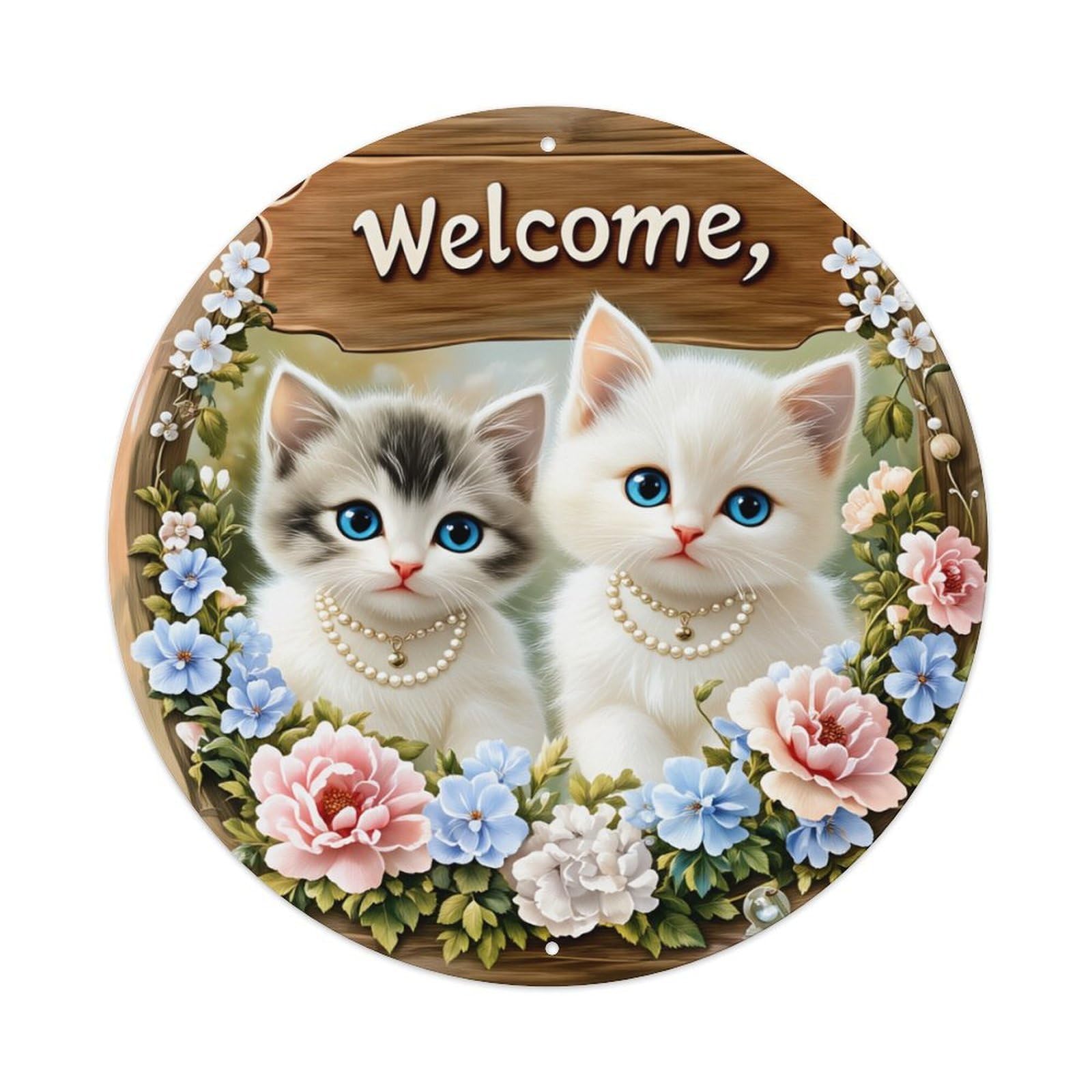 Cute Kittens Floral Welcome Sign Round Tin Sign Retro Metal Sign for Cafe Bar Pub Home Game Room Gym Club Wall Decoration Vintage Metal Poster 8x8 Inch