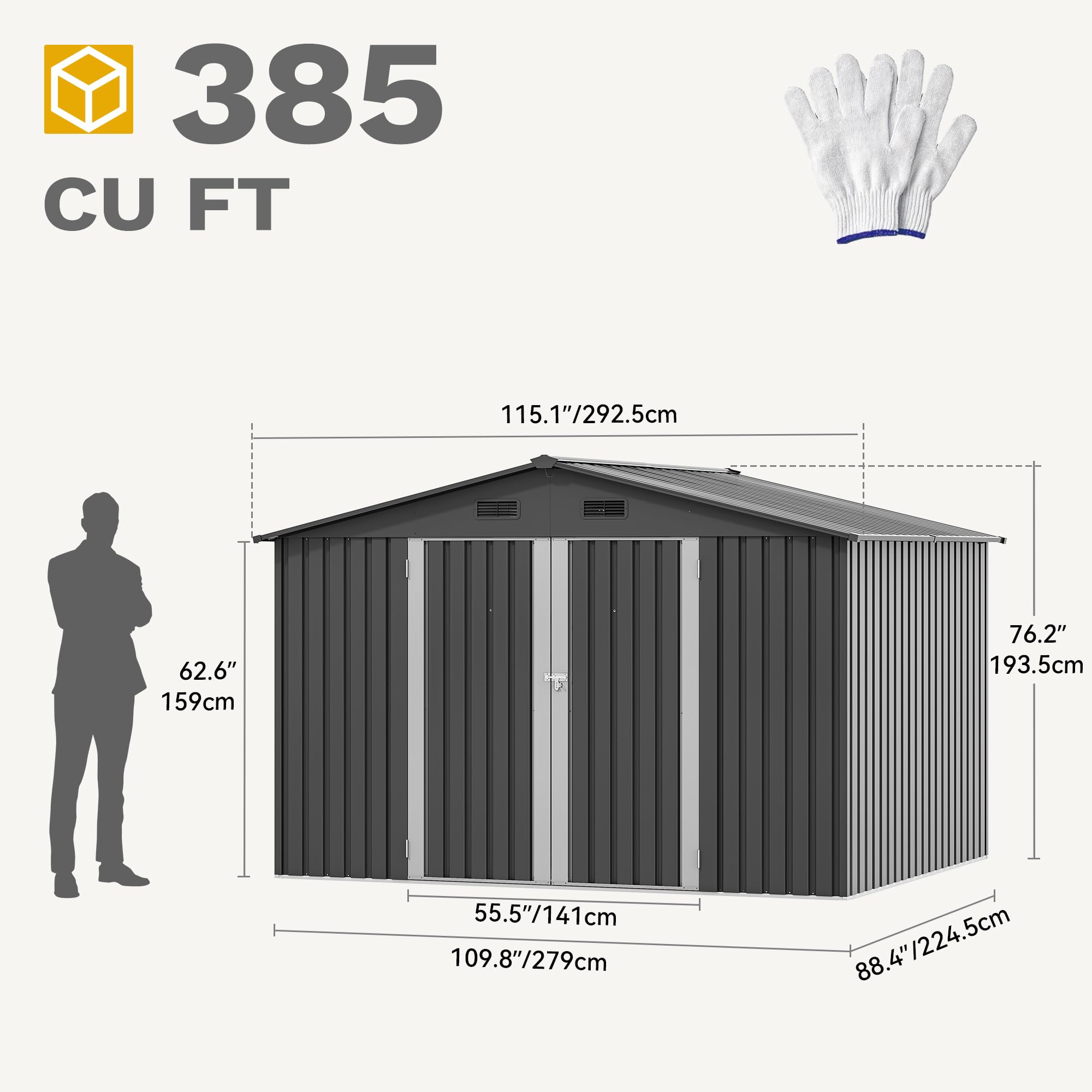 DWVO Metall Gerätehaus 10x8 Fuß 292x225x194 cm wasserdichter Gartenschuppen abschließbare Tür Belüftung Dunkelgrau