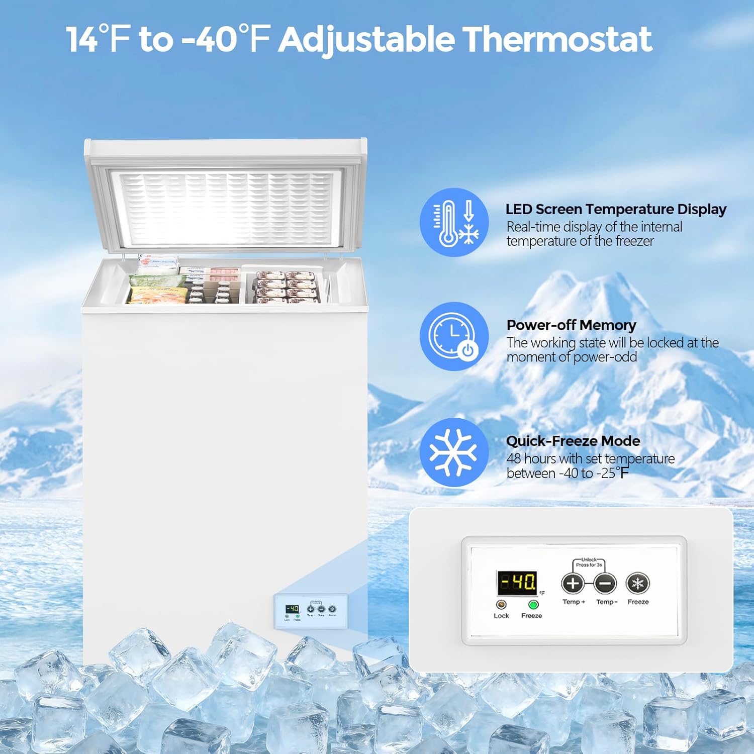 COWSAR 3.5 Cu.Ft Chest Freezer, 14℉ to -40℉ Ultra-Low Temperature Deep Freezer with 2 Removable Stainless Steel Baskets, Electronic Control, 7 Level Adjustable Thermostat