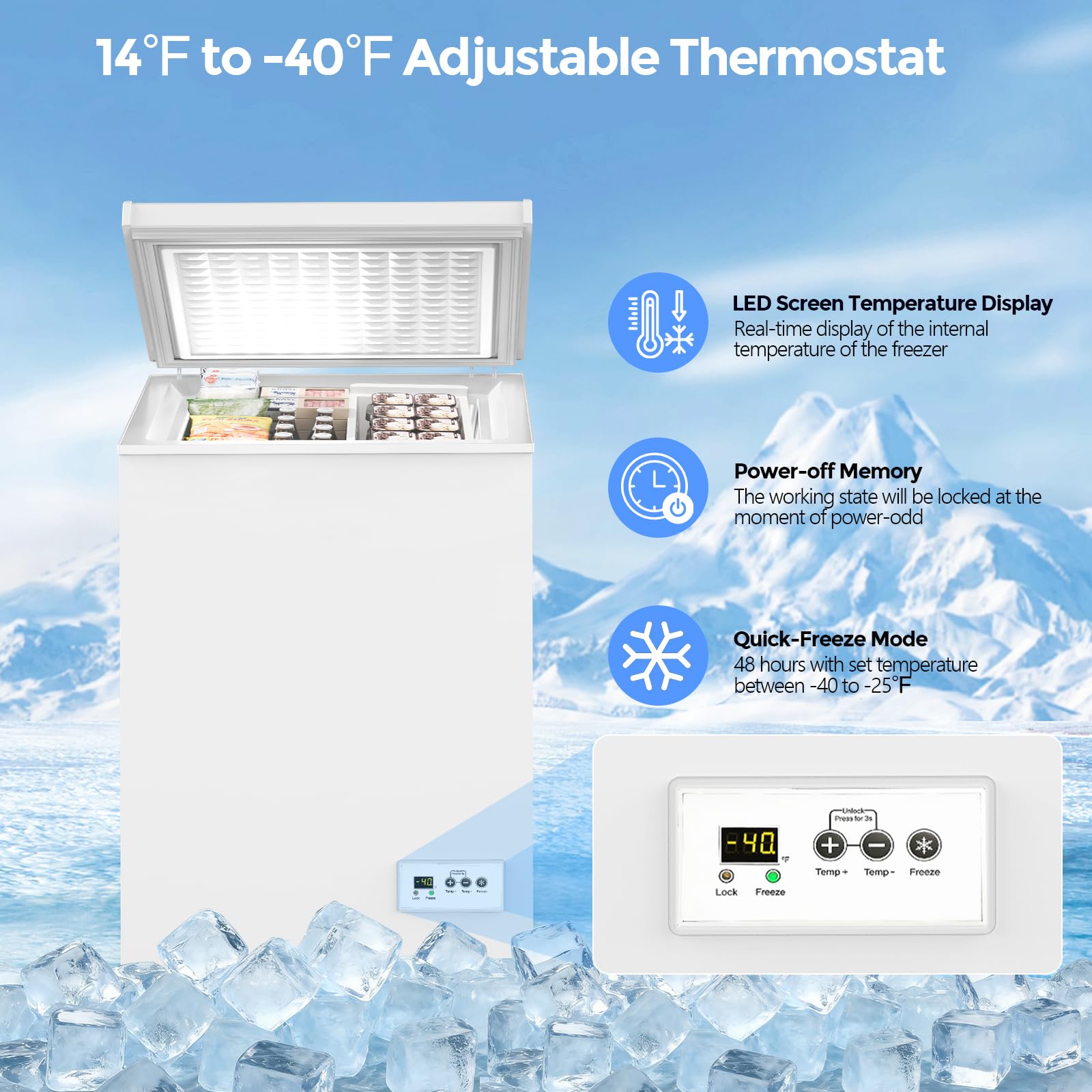 Cowsar 3.5 Cu.Ft Chest Freezer, 14℉ To -40℉ Ultra-Low Temperature Deep Freezer With 2 Removable Stainless Steel Baskets, Electronic Control, 7 Level Adjustable Thermostat on Fridge.com - View 2