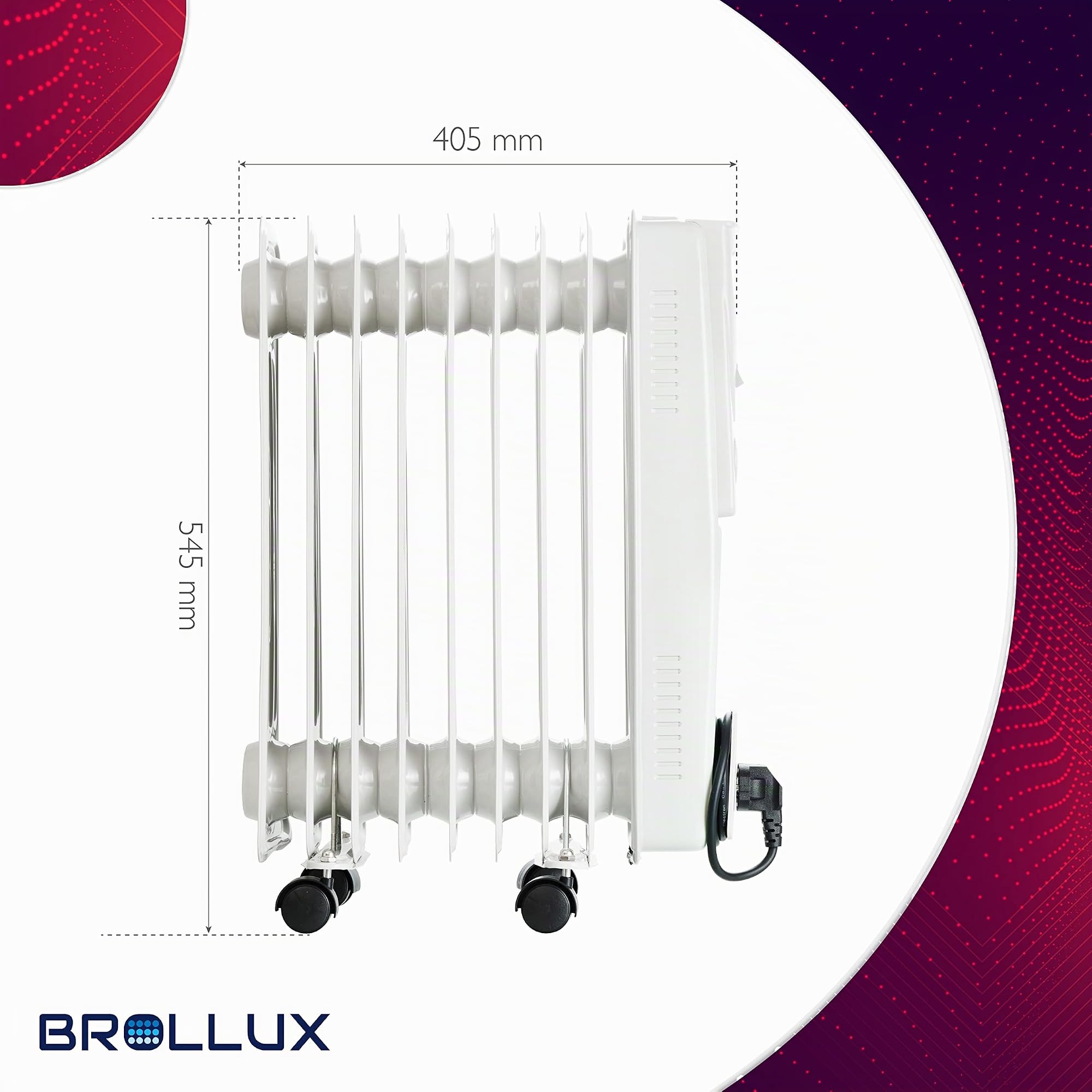 Brollux Riscaldamento a olio elettrico 2000 W OH-09, riscaldamento elettrico a 9 lamelle, termostato, grigio