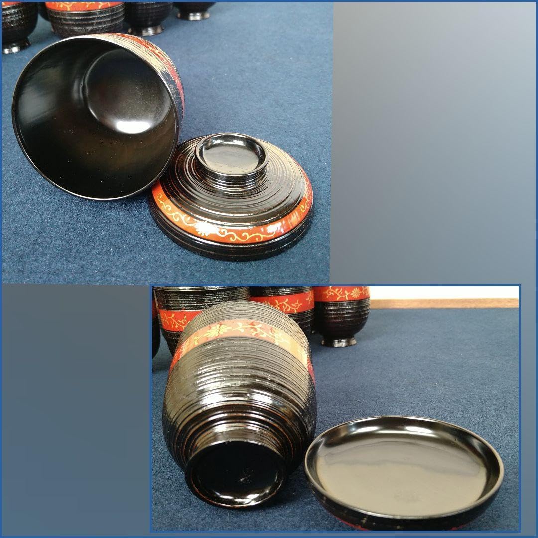 木製漆器 汁椀 吸物椀 朱色 骨董 金蒔絵 金縁 富士山松鶴 G52