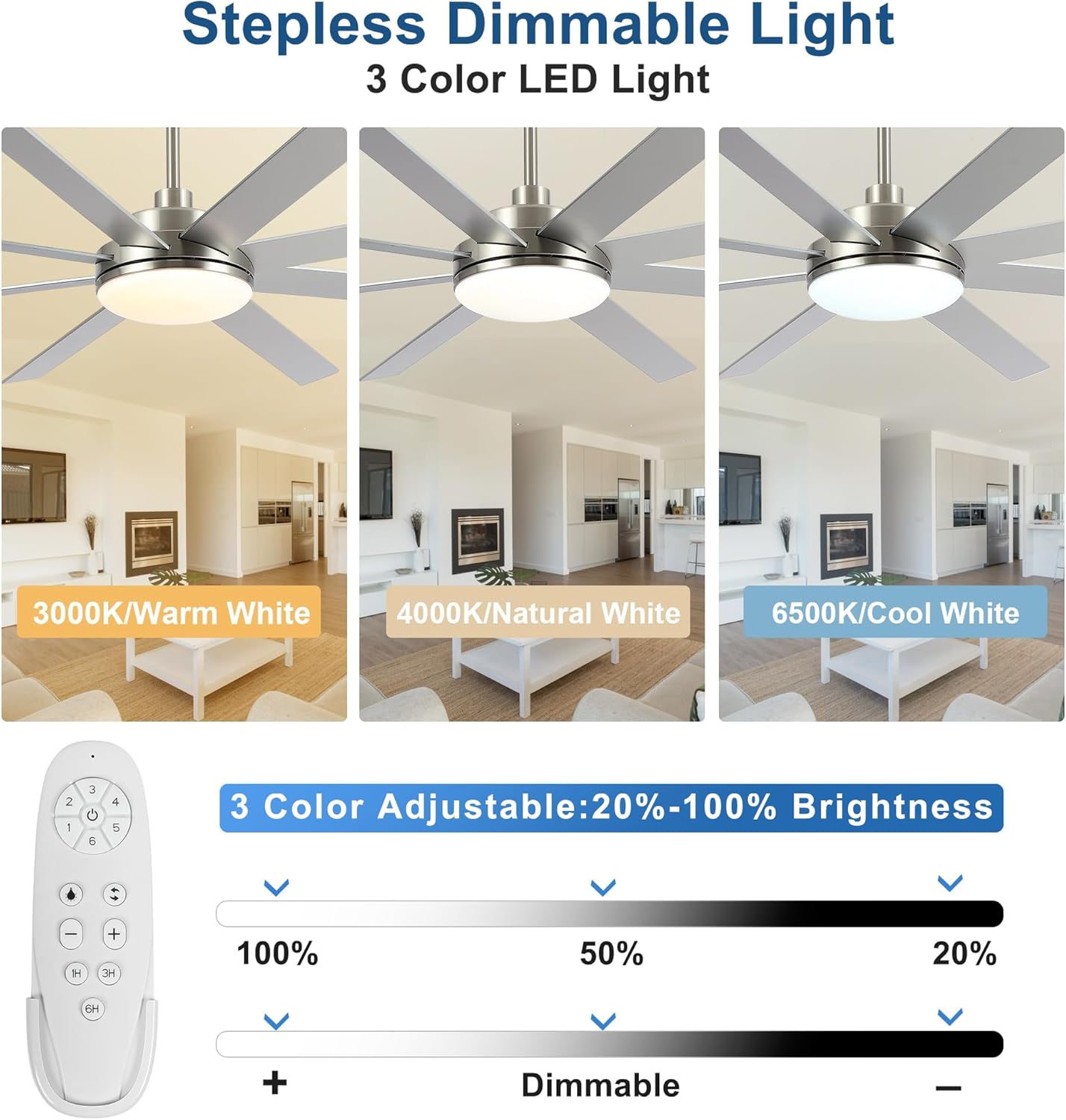 72 Inch Ceiling Fans with Lights - Large Brushed Nickel Ceiling Fan with Light and Remote for Bedroom Living Room Indoor - 6 Speed Reversible Quiet DC Motor 3 CCT Dimmable Dual Finish 8 Blades