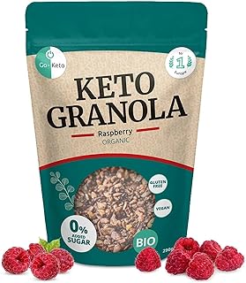 Go-Keto BIO Keto Granola Raspberry 290g – Low Carb Keto Müsli für ein leckeres Keto Frühstück, mit Kokoschips, Nüssen, Früchten, Leinsamen, Sonnenblumenkernen & Kürbiskernen, vegan, glutenfrei