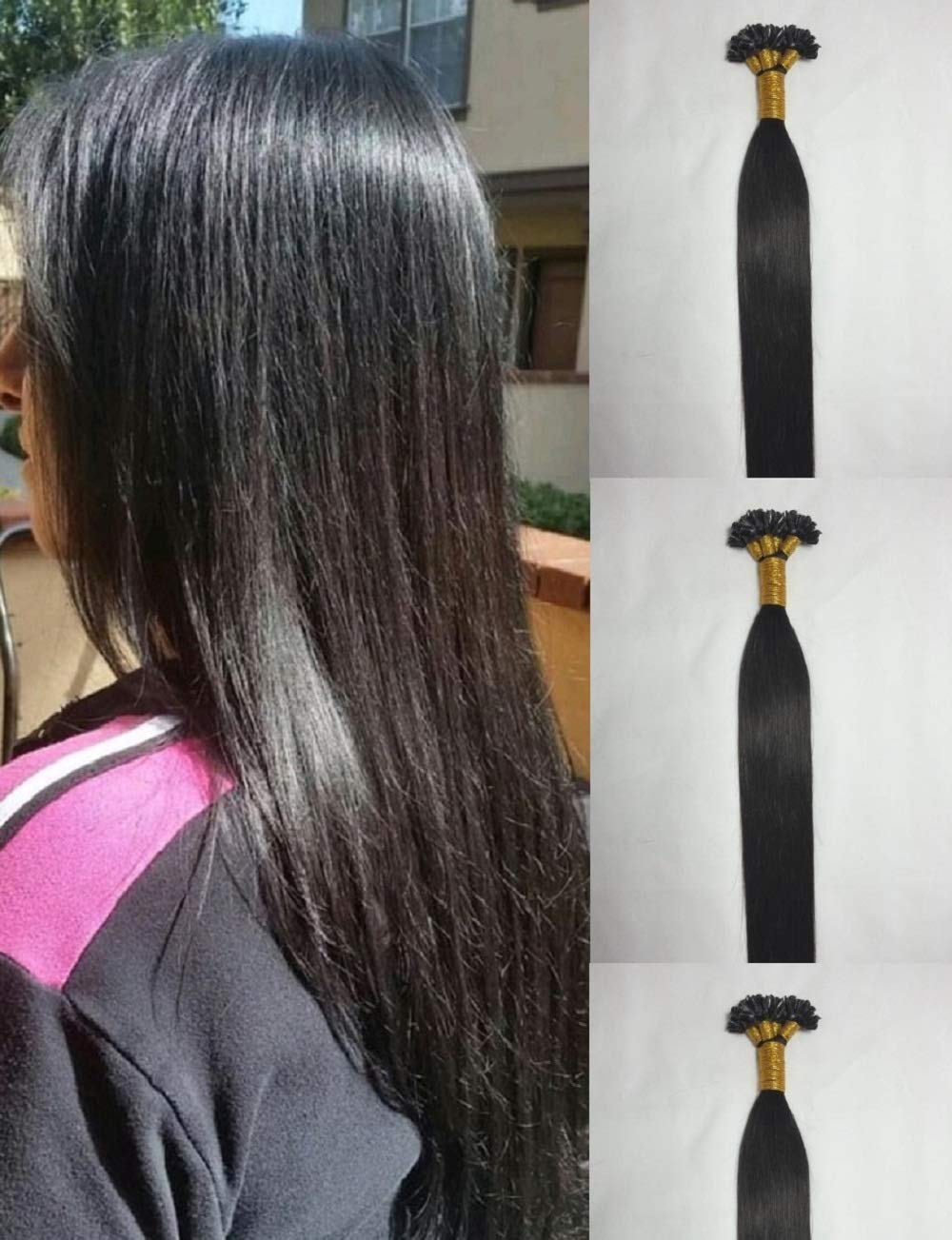 Hair Faux You 18" Remy Straight Pre bonded Keratin U Tip Human Hair Extensions 100 grams 100 strands Per Package Color #1B Off Black