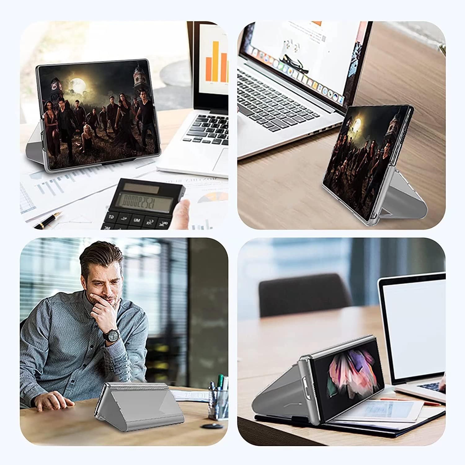 Case for Vivo X Fold, Flip Plating Mirror Case with Stand Function,PC/PU Translucent Clear View Shockproof Phone Protective Case Cover for Vivo X Fold, Sliver