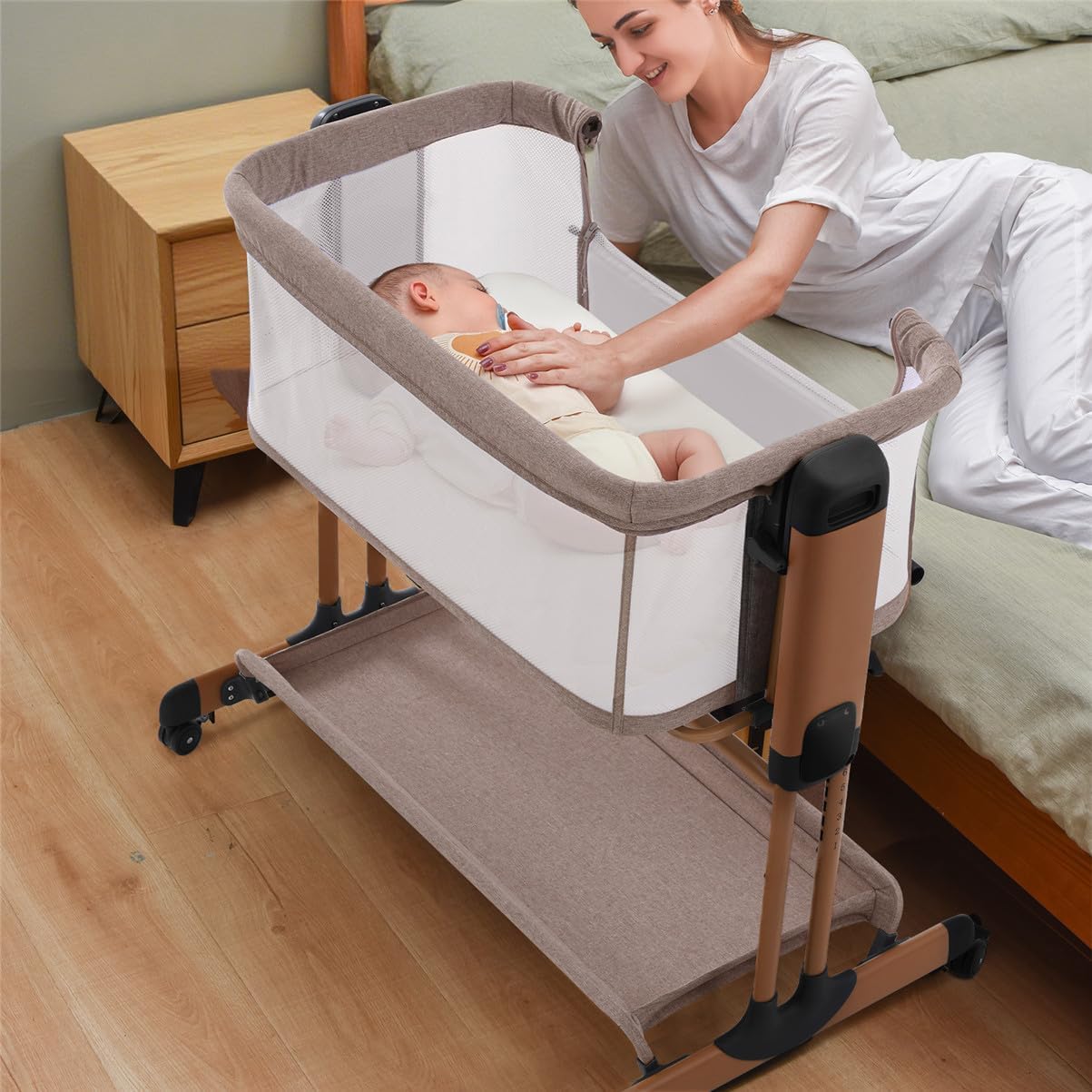 Jaoul 3-in-1 Rocking Bassinet for Baby Adjustable Baby Bassinets Bedside Sleeper with Wheels Storage Basket and Mesh Sides for Newborn Infant (Pink)