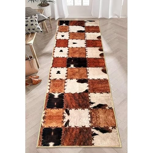 Cowhide Rug Cow Print Rug for Bedroom Western Rugs Brown Runner Rug 2x6,Farmhouse Vintage Throw Accent Area Rug Non Slip Washable Runner Floor Carpet for Entryway Hallway Kitchen Laundry Bathroom