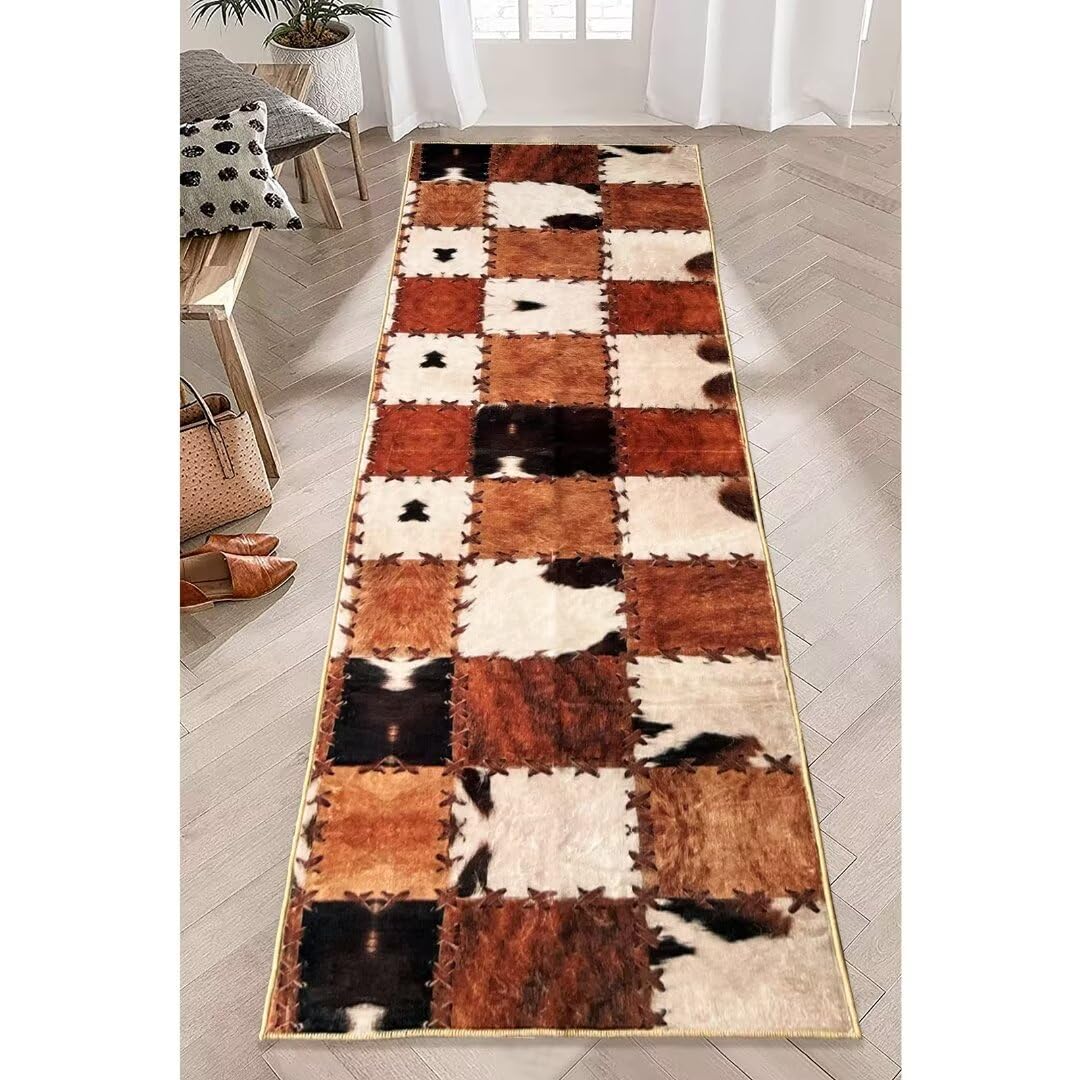 Cowhide Rug Cow Print Rug for Bedroom Western Rugs Brown Runner Rug 2x6,Farmhouse Vintage Throw Accent Area Rug Non Slip Washable Runner Floor Carpet