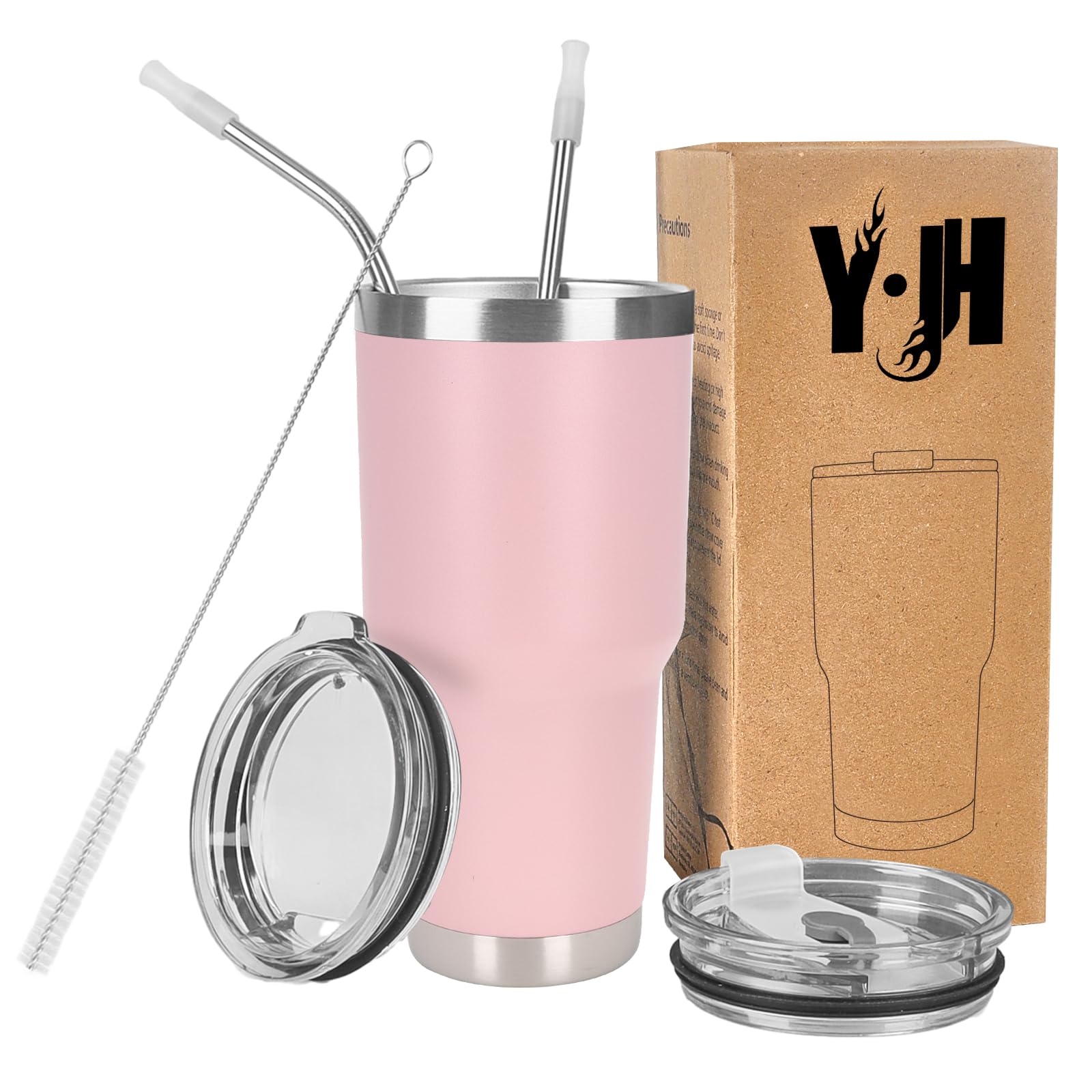 Y·J&H Doppelwandig Vakuum Isolierter Autobecher, Edelstahl Reiseflasche, Thermobecher Kaffee to Go mit 2 Spritzfestem Deckel 2 Strohhalm, Rohrbürste,BPA Free