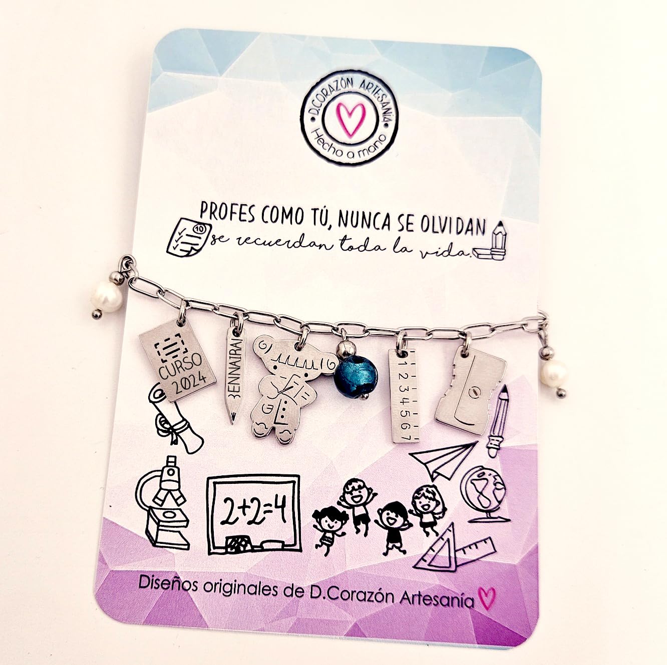 Pulsera PROFESORA de cadena, ajustable, acero inoxidable y cristal de murano. Modelo CUCQUI-2. Regalos para profesores. Regalos fin de curso.
