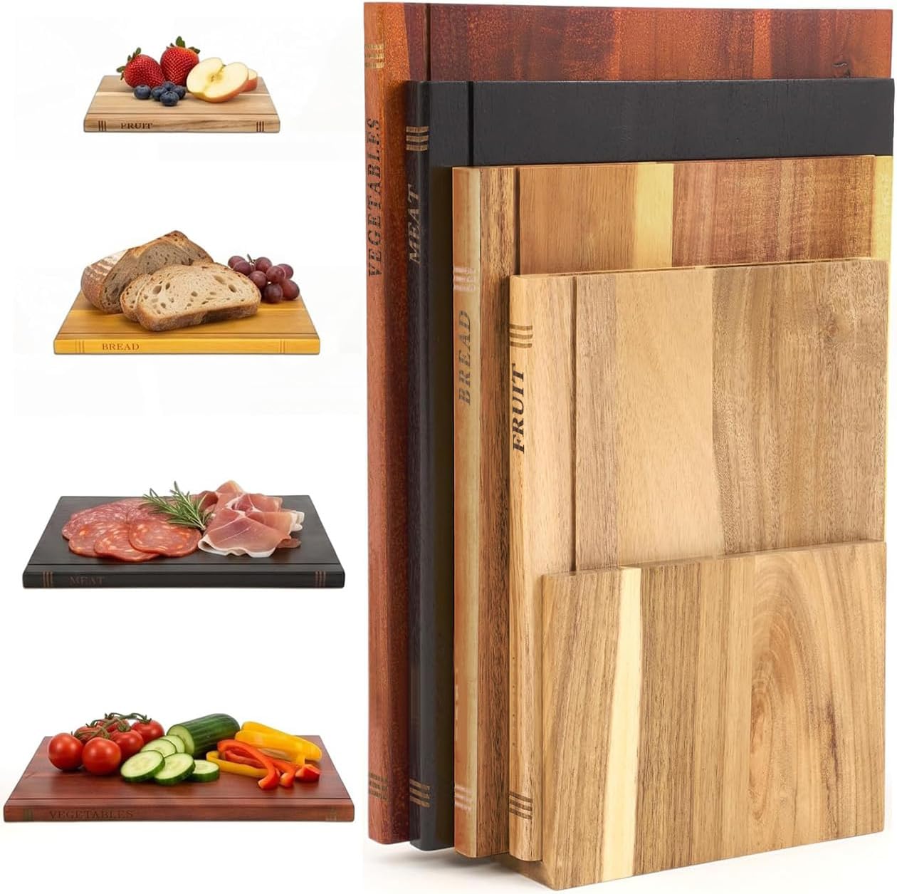 4-Piece Book-Shaped Cutting Board Set - Food Safe, Non-Slip Chopping Boards for Kitchen Organization and Stylish Serving,Acacia Wood,Vary in Size