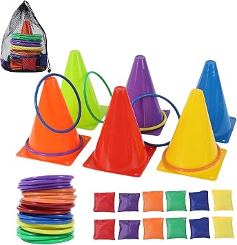 42 pcs, Plastic Cones and Rings Games,Ring Toss Bean Bag Games for Kids