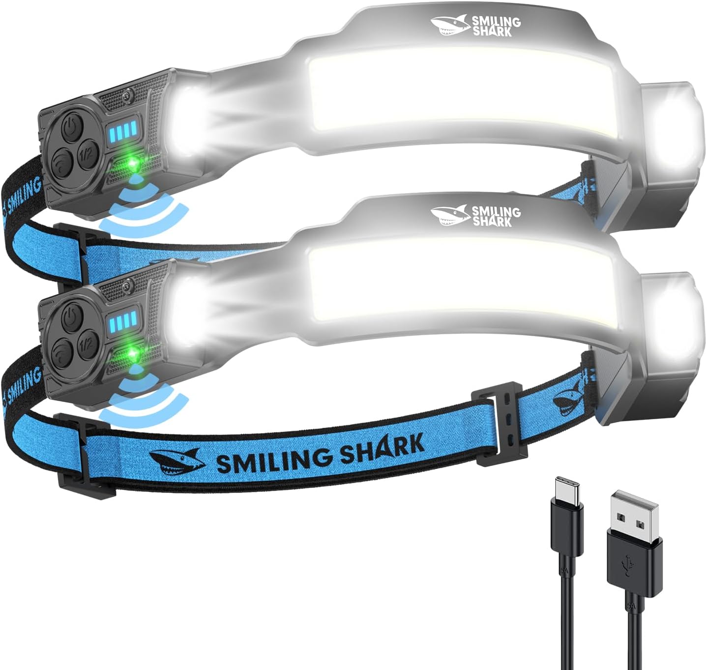 Smiling Shark TS-4 Headlamp, Dual Spotlight with 4X Floodlight & Strobe LED Head Torch Rechargeable 2400mAh Long-Lasting Hands-Free Design for Camping Hiking Running Jogging (2 Pack)