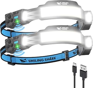 Smiling Shark TS-4 Kopflampe, LED Stirnlampe Aufladbar 2400mAh mit Schwenkbares Dual-Spotlight & 4x Floodlight & Strobe mit Bewegungssensor Hands-Free Design für Camping Joggen Wandern Laufen (2 Pack)