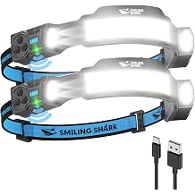 Smiling Shark TS-4 Headlamp, Dual Spotlight with 4X Floodlight &amp; Strobe LED Head Torch Rechargeable 2400mAh Long-Lasting Hands-Free Design for Camping Hiking Running Jogging (2 Pack)