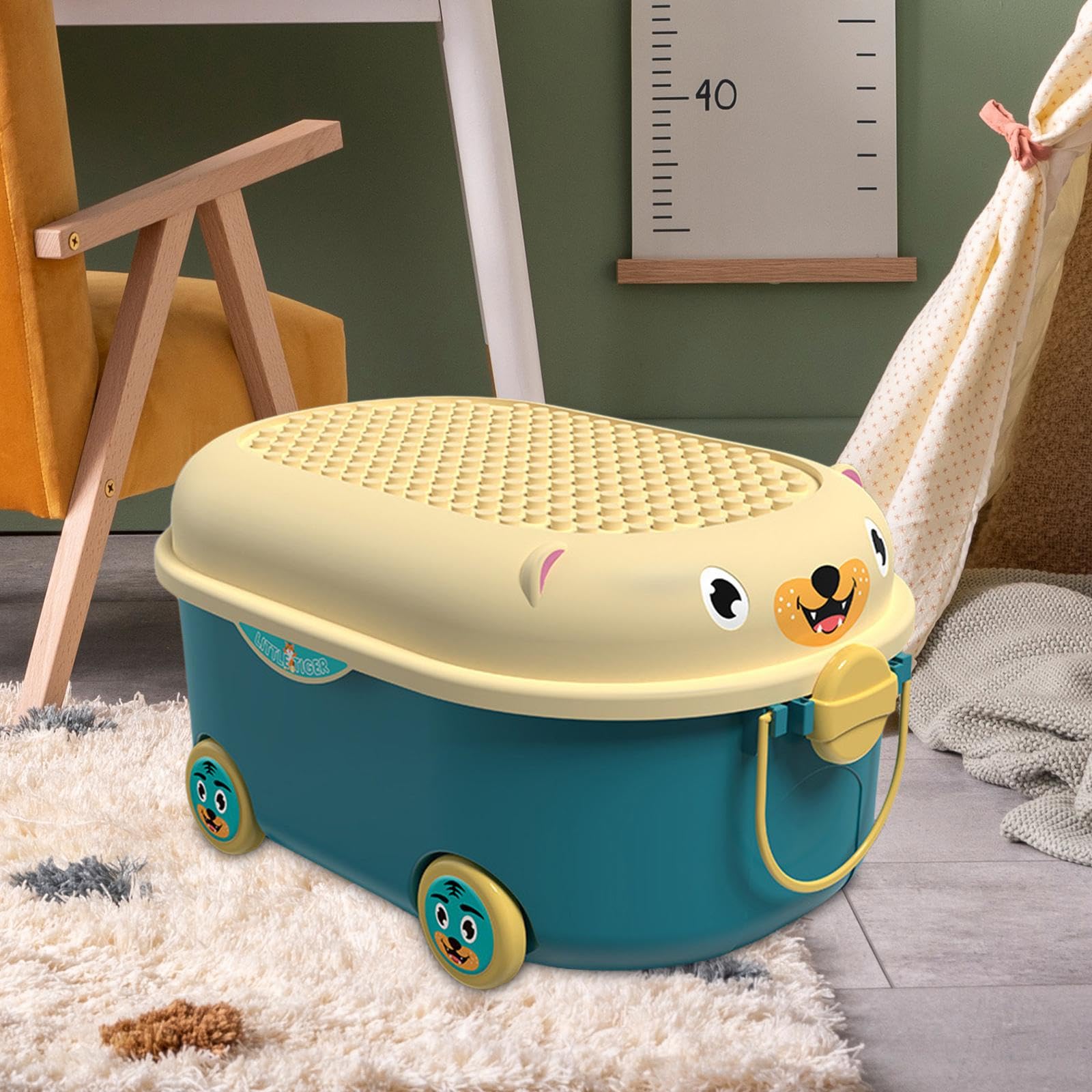 Juego de 2 cajas de almacenamiento de juguetes con ruedas con asas para cuarto de bebé, dormitorio de niños, juegos, azul, 45 x 30,5 x 21,5 cm
