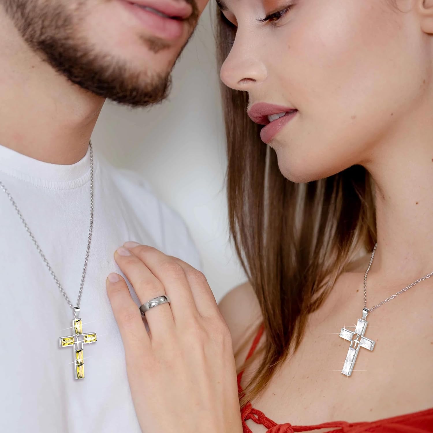 Jewmon 925 Sterling Silver 5A Cubic Zirconia Baguette Birthstone Cross Necklace for Women Mens Cross Birthstone Pendant Necklace Christmas Birthday Gifts for Mom Dad Husband Wife Couples Gifts - Image 5