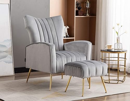 Miniatura 47 de Artechworks Silla decorativa curvada con patas doradas de metal dorado con brazo tapizado de terciopelo, silla moderna para sala de estar,