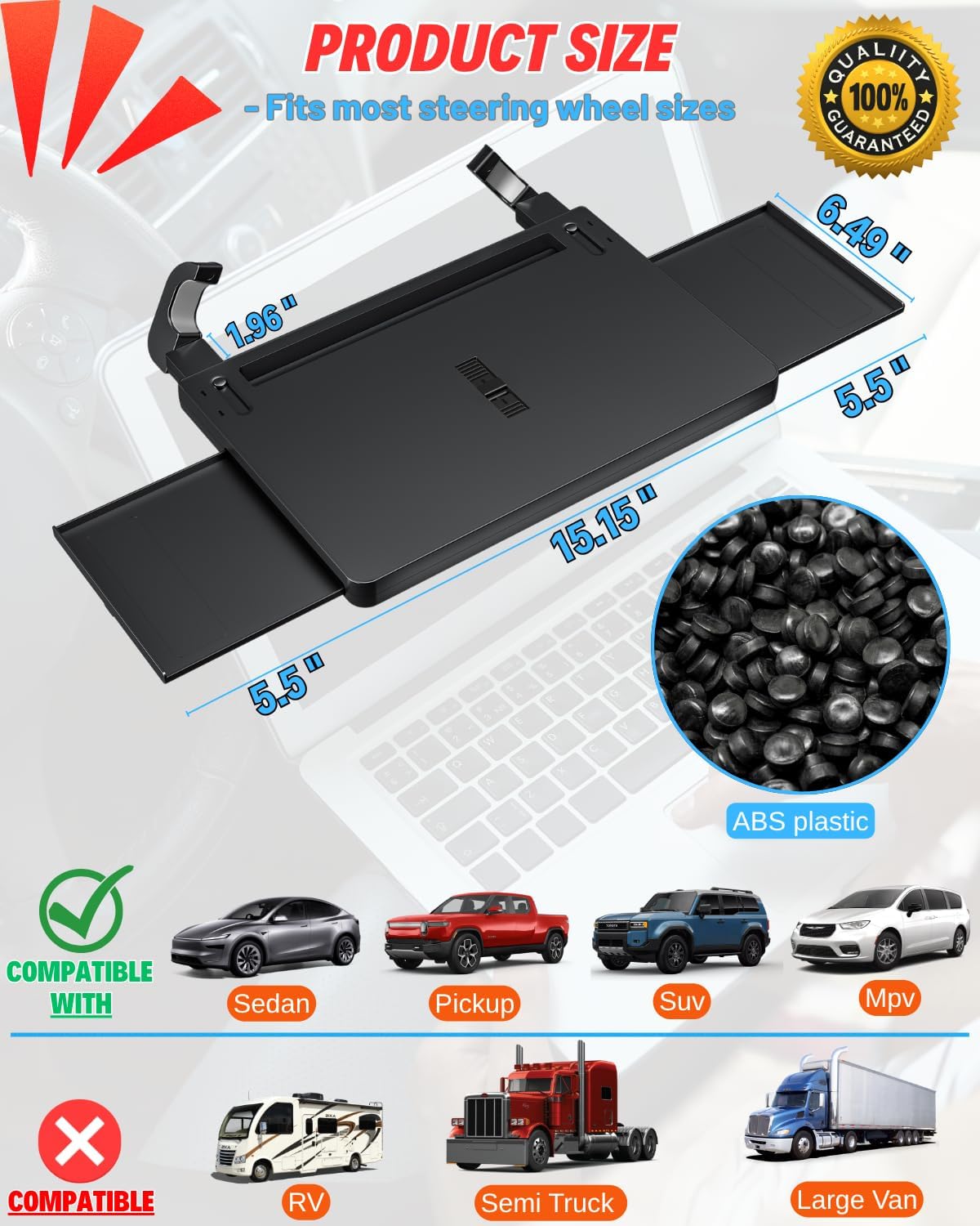 Portable Large Steering Wheel Tray Table for Car - Adjustable Laptop Holder Desk & Food Trays, Car Tray That Fits Over Steering Wheel Cover, Eating Food & Working, Driver Office Accessories