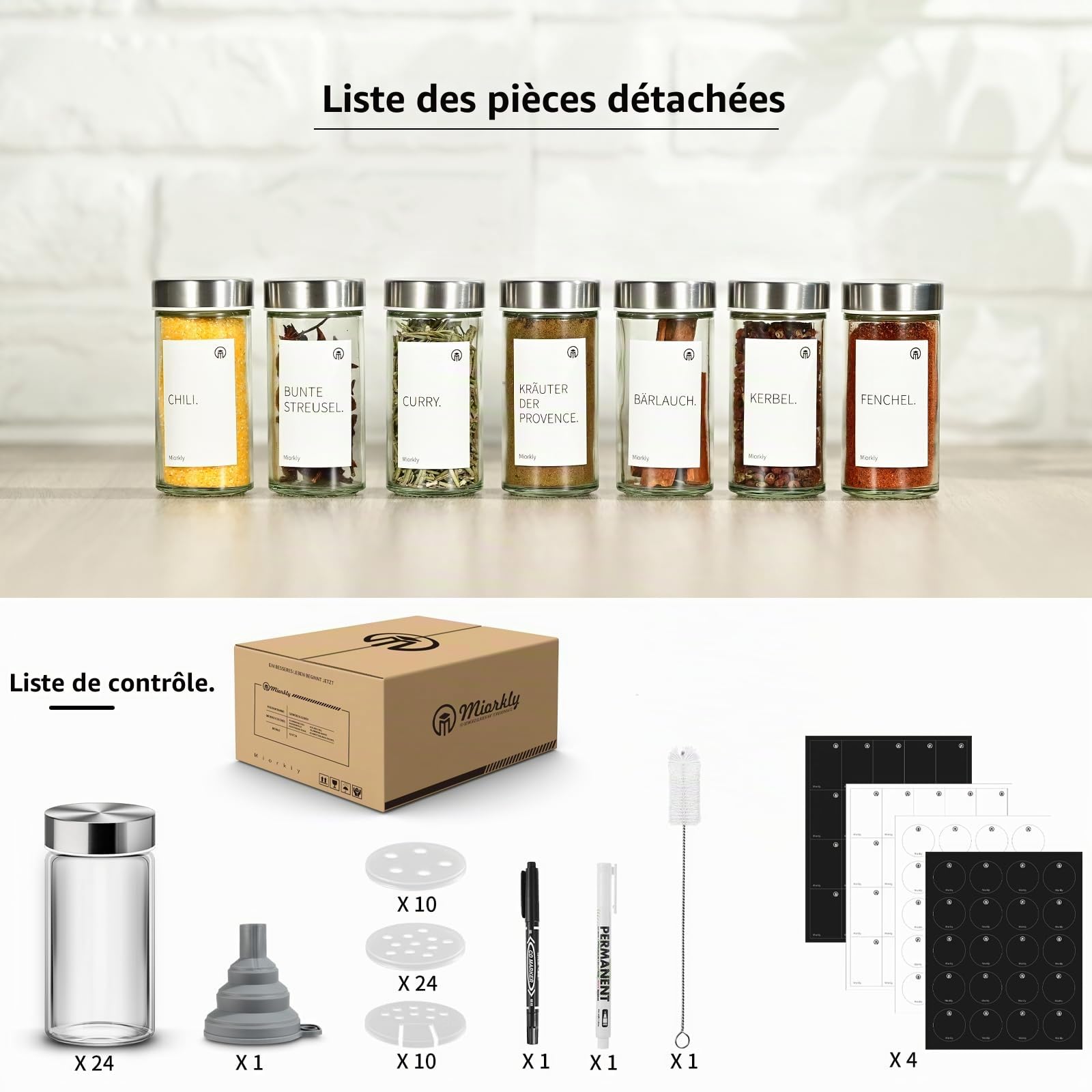 Miorkly Pot a Epices en Verre, Forme Ronde Bocaux Epices, 24PCS×100ml Epices Pots Rangement-Pots à éPices, Ensemble de Pot Epices Contenir Etiquette Epices、Entonnoir、Stylo Effaçable