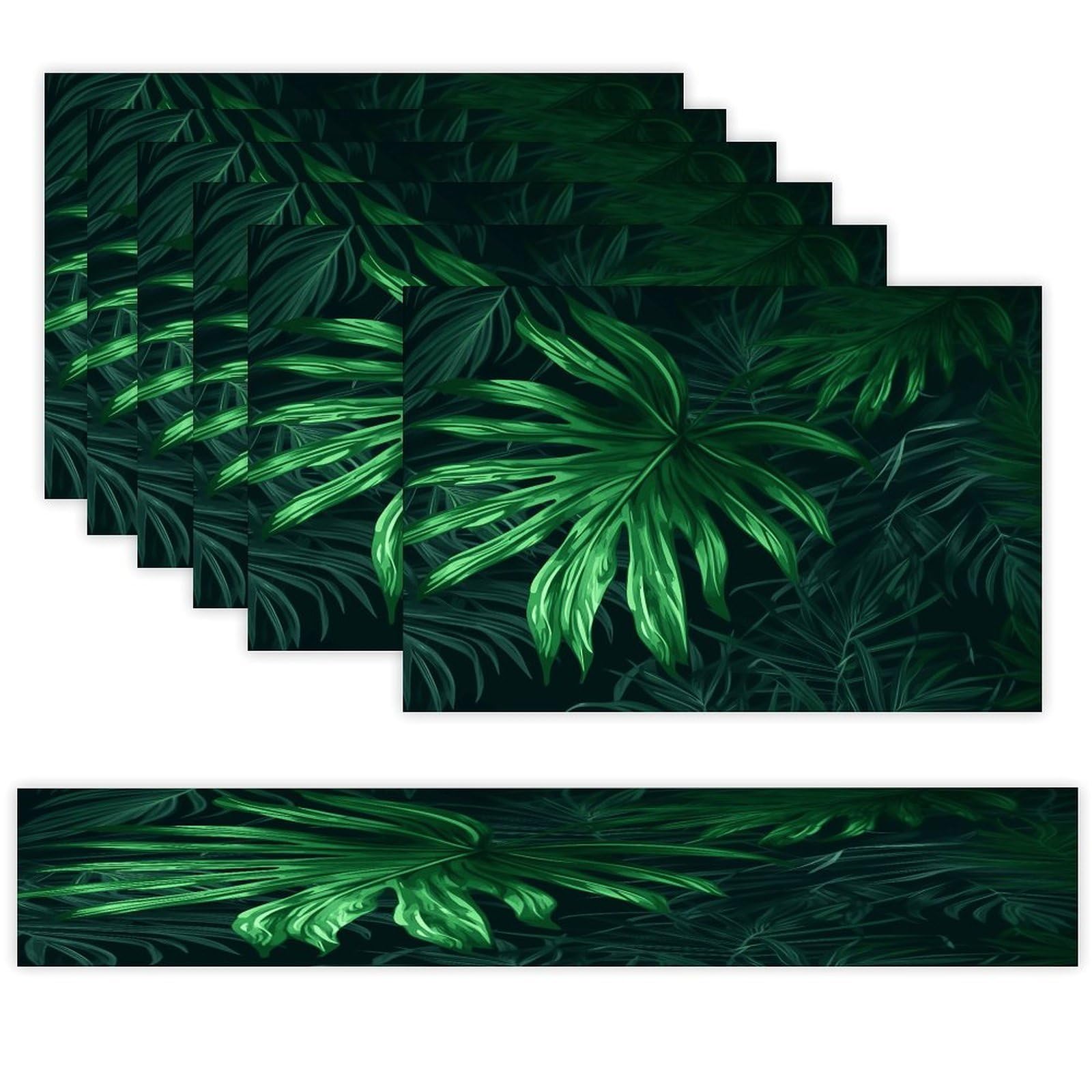 Green Tropical Jungle Plant Table Runner and Placemats of 6 Washable Heat Resistant Place Mats with Table Runner Vintage Holiday Table Mat Set for Holiday Party Kitchen Dining Deco