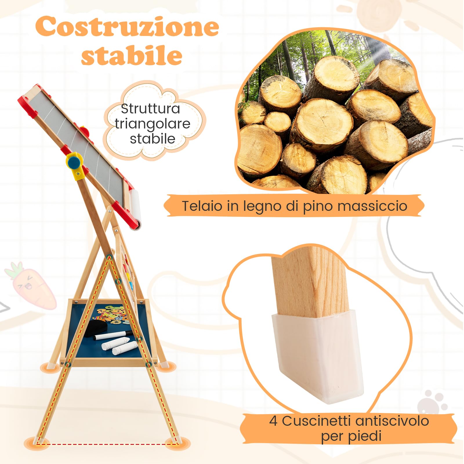 GYMAX Cavalletto Artistico in Legno per Bambini, Cavalletto per Pittura Bifacciale 3 in 1 con Lavagna, Lavagna Magnetica Girevole a 360°, Lettere Magnetiche, Abaco e Gomma, 62 x 45 x 118 cm