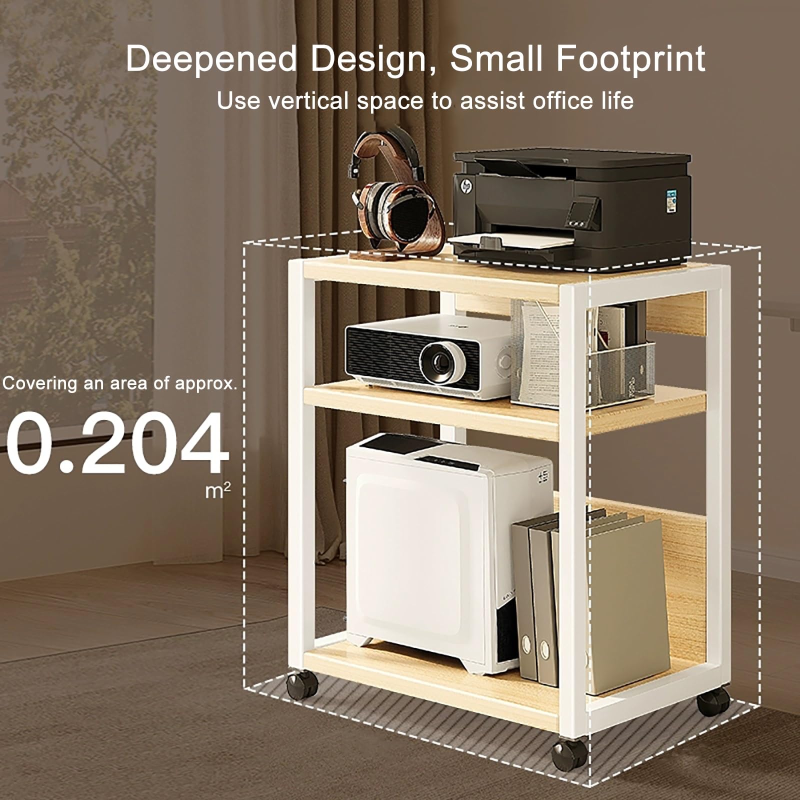 Soporte ajustable para impresora con estante de almacenamiento, soporte móvil para CPU, mesa de impresora industrial para escáner de fax y archivos (natural, 20 x 16 x 27 pulgadas)