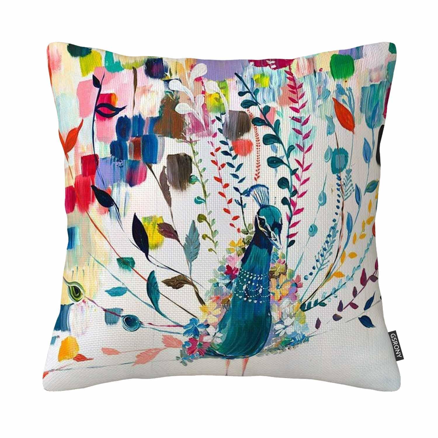 Gsrony Pink Watercolor Birds Peacock Cotton Linen Throw Pillowcase Decorative Cushion Cover(Beautiful Animals) 18X18 Inches