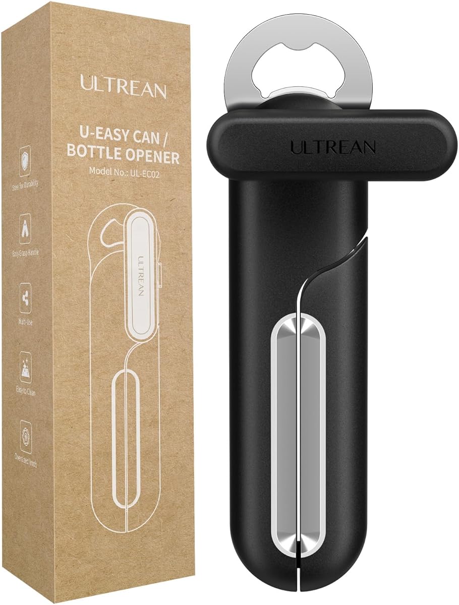 Ultrean Can Opener Manual, Heavy Duty Stainless Steel Smooth Edge Can Opener with Ergonomic Handles and Oversized Easy Turn Knob for Seniors, Black