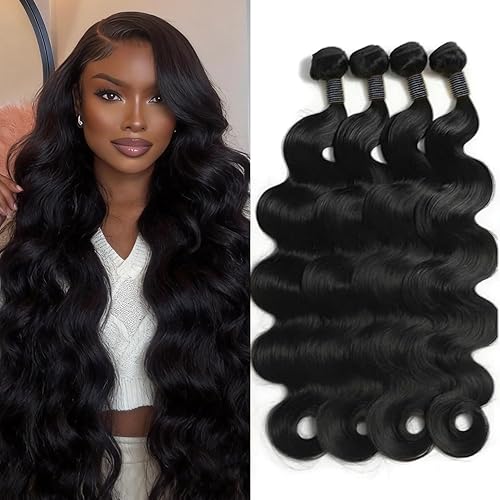 12A Body Wave Bundles Human Hair 20 22 24 26 Inch 100% Unprocessed Brazilian Virgin Hair 4 Bundles Human Hair Extensions Quick Weave Natural Black