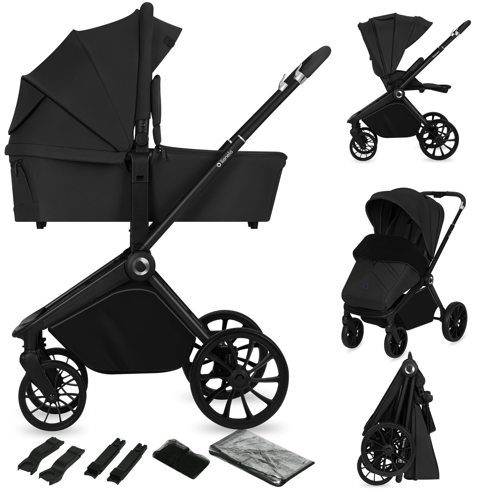 LIONELO MIKA PLUS 2 w 1 Wózek Spacerowy Dziecięcy 0-48 miesięcy do 22 kg Gondola do 9 kg, Regulacja Oparcia i Podnóżka, Amortyzacja, AiryDots, Obrotowe Koła PU 360° Budka XXL (Czarny)