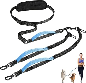 Hands Free Dog Leash, 6.9ft Waist Leash for 2 Dogs, Adjustable Double Hands Free Lead with Detachable Waist Belt, Padded Handles, Shock Absorbing Bungee for Walking Jogging Hiking, Black+Blue