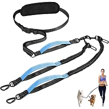 Hands Free Dog Leash, Waist Leash for Dog Walking 2 Dogs, Double Hands Free Lead with Detachable Waist Pad, Padded Handles, Shock Absorbing Bungee for Walking Jogging Hiking, Blue&Black