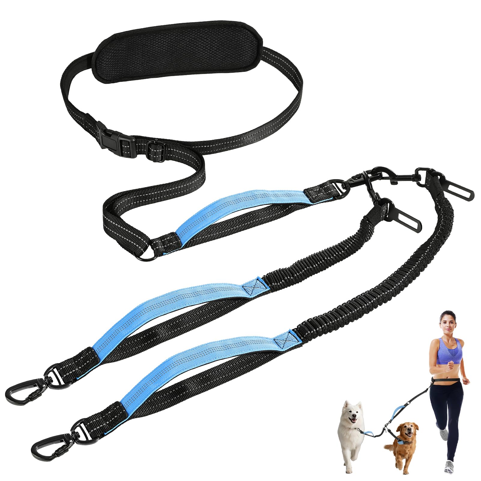 Tivray Hands Free Dog Leash, 6.9ft Waist Leash for 2 Dogs, Adjustable Double Hands Free Lead with Detachable Waist Belt