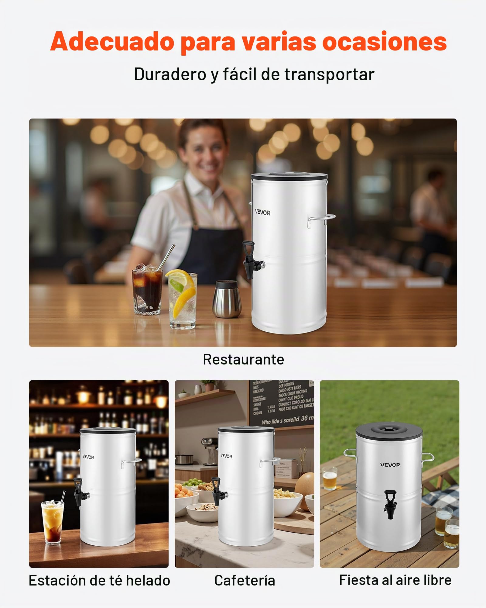 VEVOR Dispensador de Té Helado, 15 L, Acero Inoxidable 304, con Grifo y Asa, Apto para Bebidas Frías y Calientes, Té Helado, Café y Agua en Cafeterías y Restaurantes, 340 x 375 x 510 mm, Plata