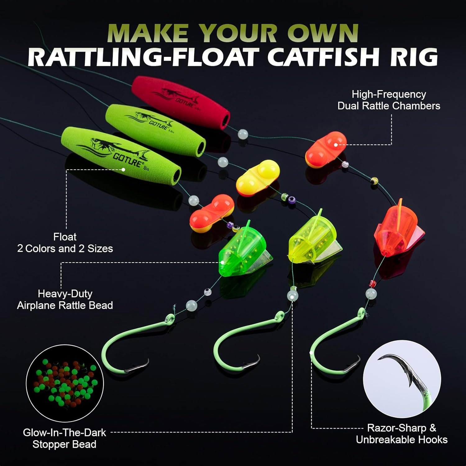 Goture Catfish Rig Making Kit,274pcs Catfishing Tackle with Luminous Fishing Hook Swivel Sinker Weights Rattle Float Bobber Stoppers,Catfish Rigs Accessories with 3600 Tackle Box,Gifts for Men