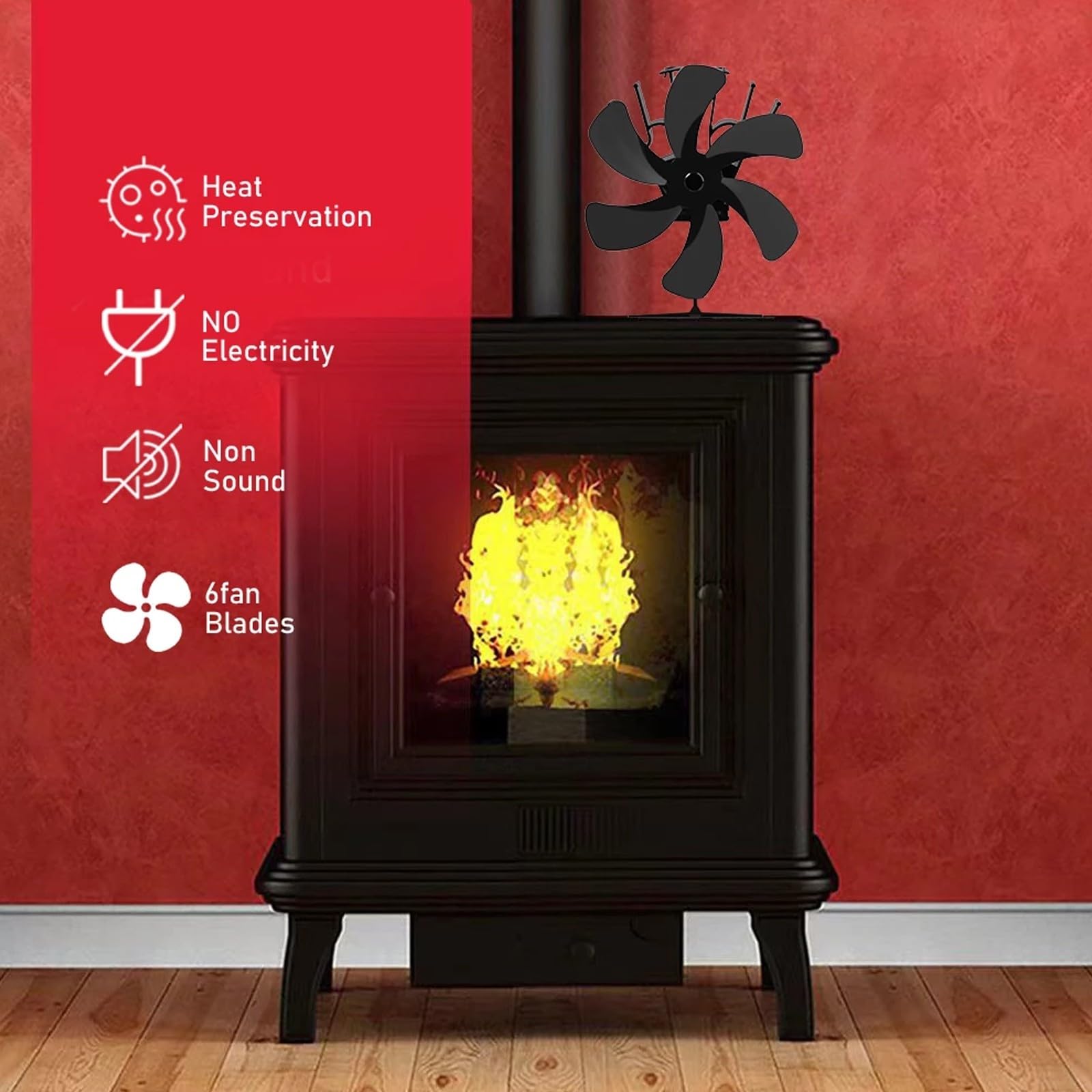 Ventola a 7 pale per stufa a legna silenziosa | Flusso d'aria massimo a 7 lame, silenzioso sotto i 25 dB, nessuna batteria necessaria, distribuzione del calore