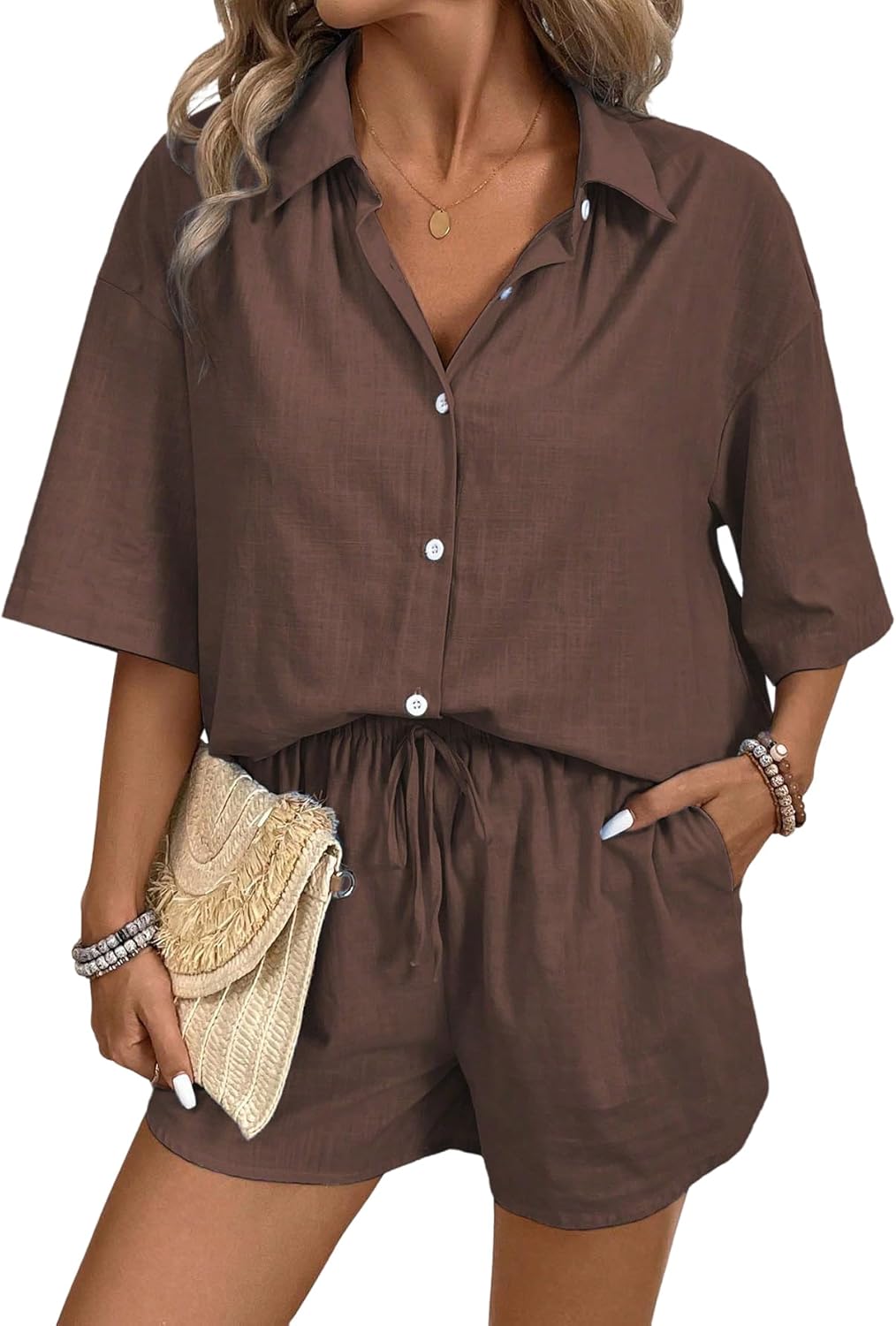 SOLY HUX Women's 2 Piece Summer Outfits Casual Button Down Half Sleeve Shirts and Shorts Set