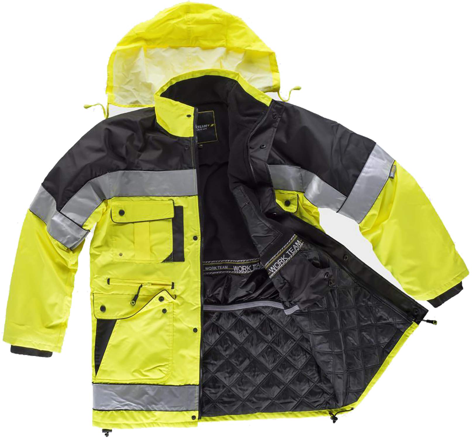 Work Team Parka Bicolor, Acolchada, Multibolsillos, con Cintas Reflectantes y Vivos a Contraste. Hombre Negro+Amarillo A.V. XXL