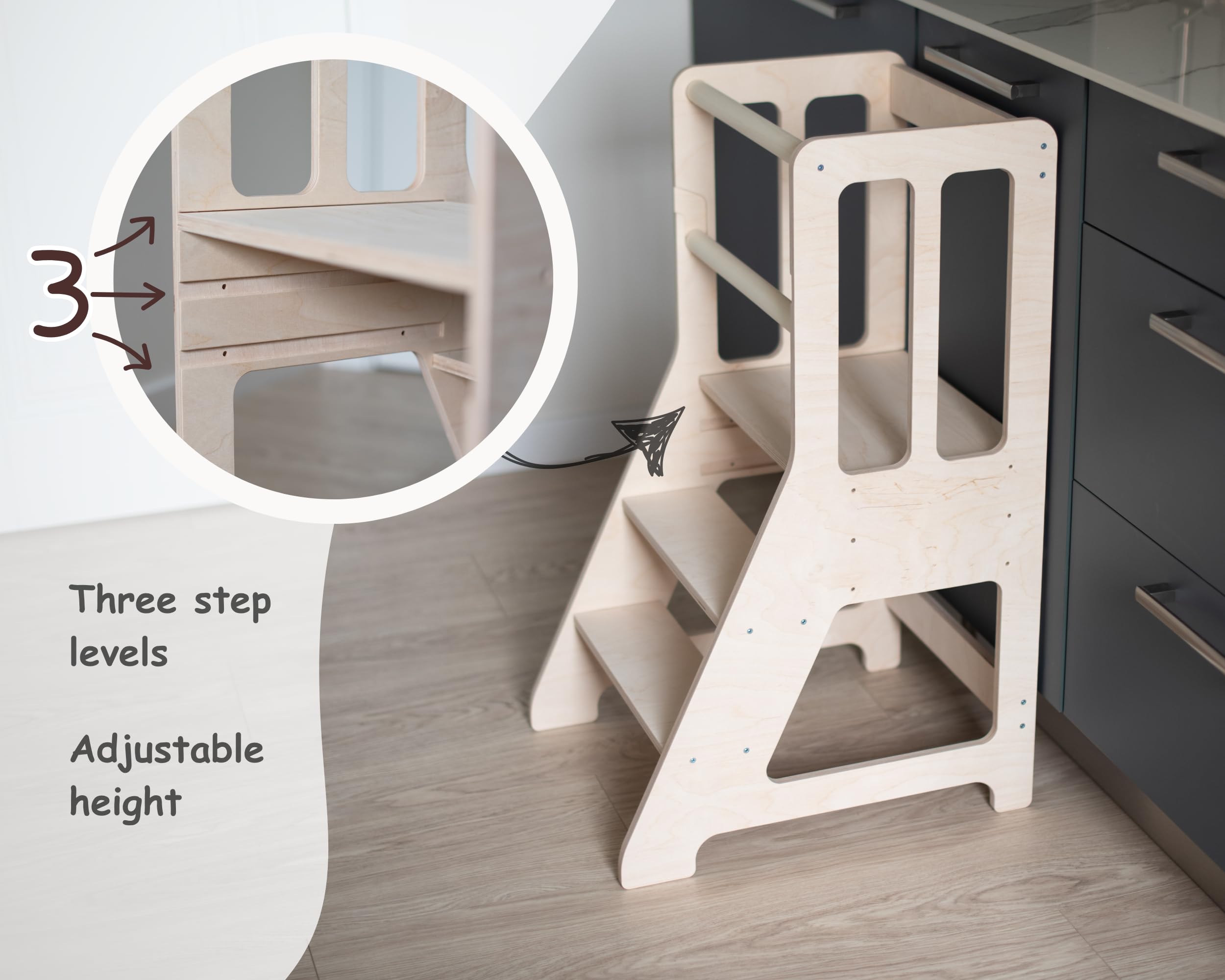 Montessori - Torre de aprendizaje para niños pequeños, taburete de cocina ajustable de 3 niveles, madera contrachapada de abedul báltico, no tóxica, barra de seguridad extraíble, torre