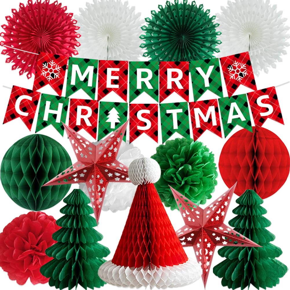 Fabuloustrim Christmas Decorations Set, Paper Xmas Party Decor, Indoor Outdoor Hanging Decorations, Vintage Honeycomb Christmas Tree Home Decoration for Winter Festival, New Year and Family Party